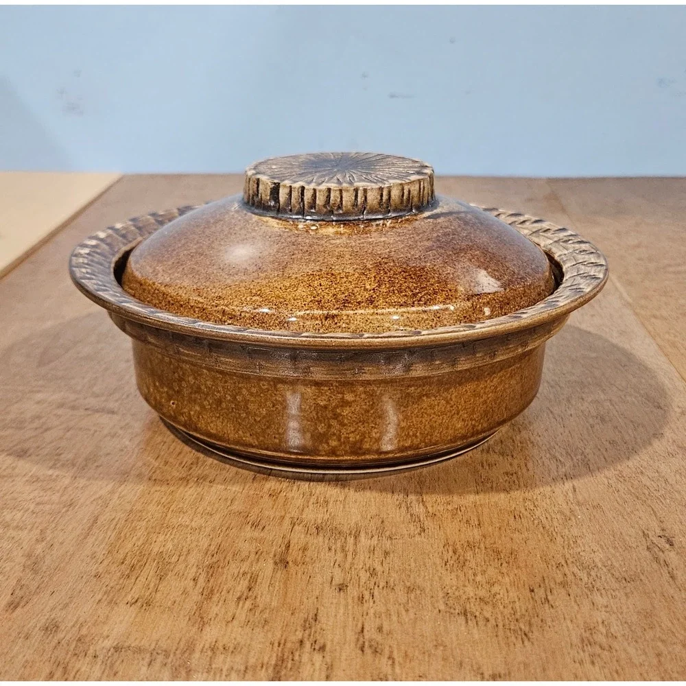 BP Malta Studio Pottery Lidded Casserole Dish Brown Glazed Sunburst Vintage